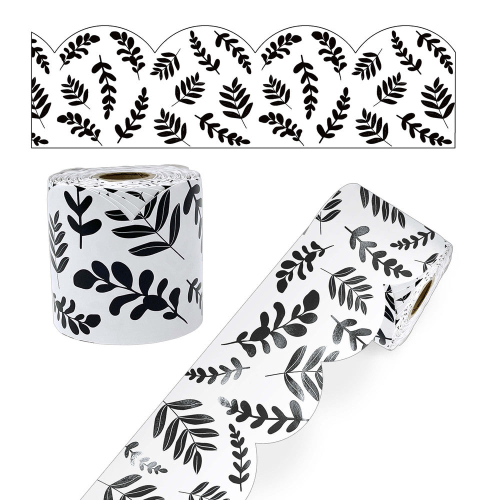 65' White with Black Leaves Rolled Scalloped Bulletin Board Borders