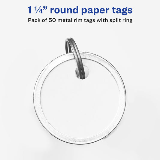 Avery® Metal Rim Key Tags, 1-1/4" Diameter Tag, Metal Split Ring, White, 50 Tags