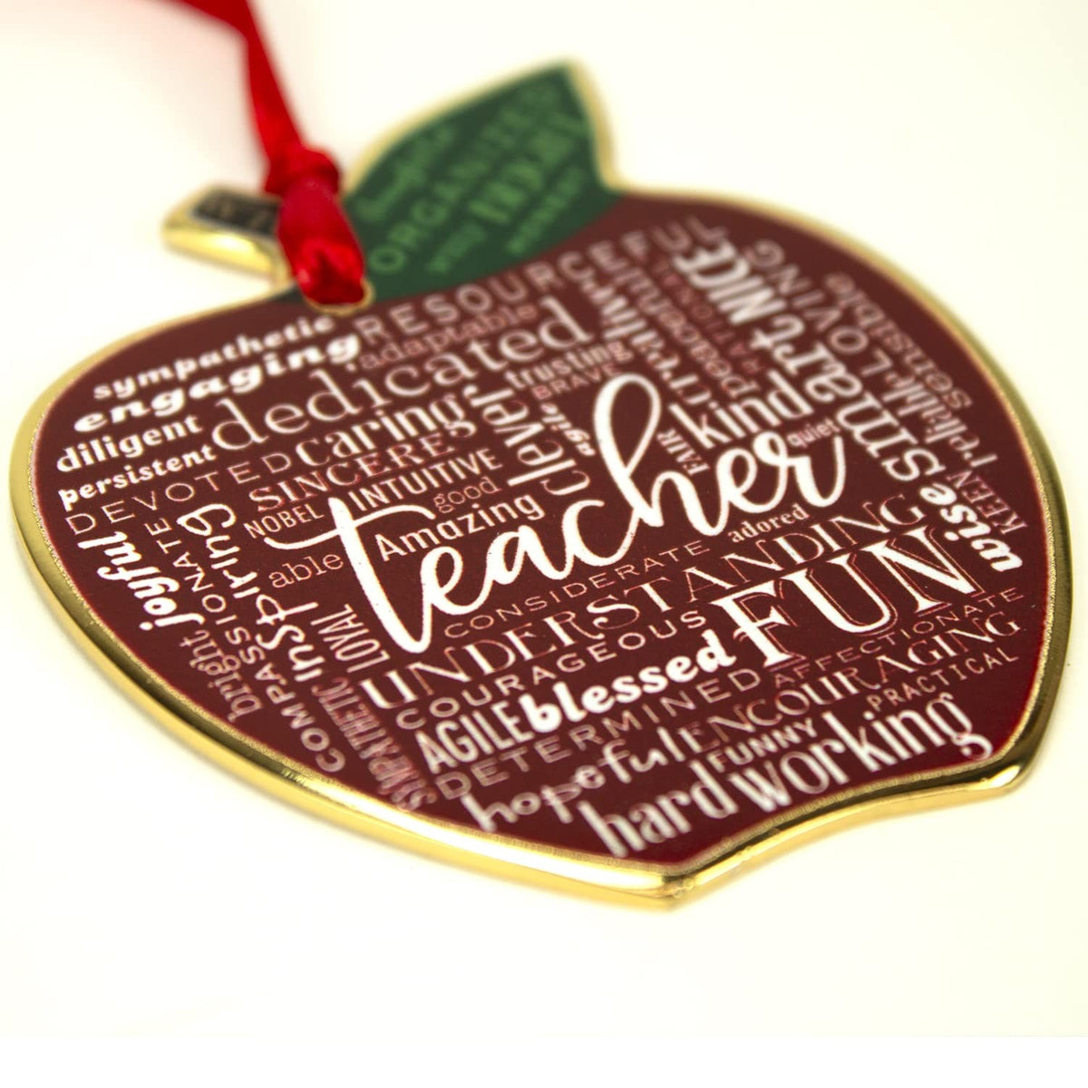 Teacher Apple Artmetal Ornament On Red Ribbon