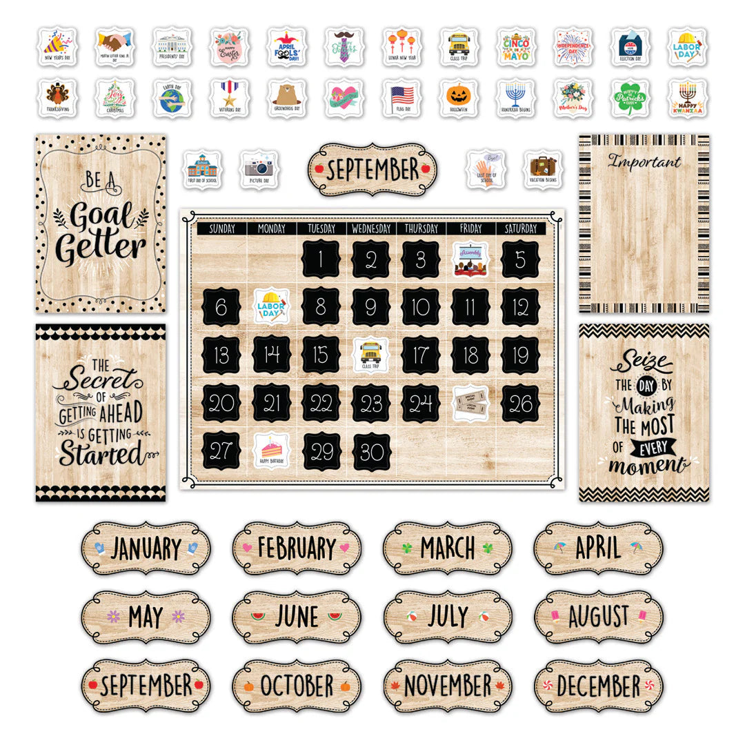 Black, White, and Wood Calendar Set Bulletin Board