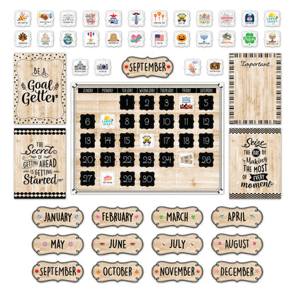 Black, White, and Wood Calendar Set Bulletin Board