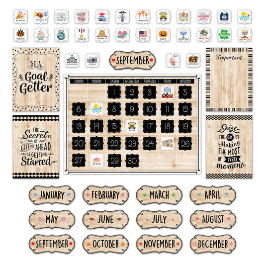 Black, White, and Wood Calendar Set Bulletin Board