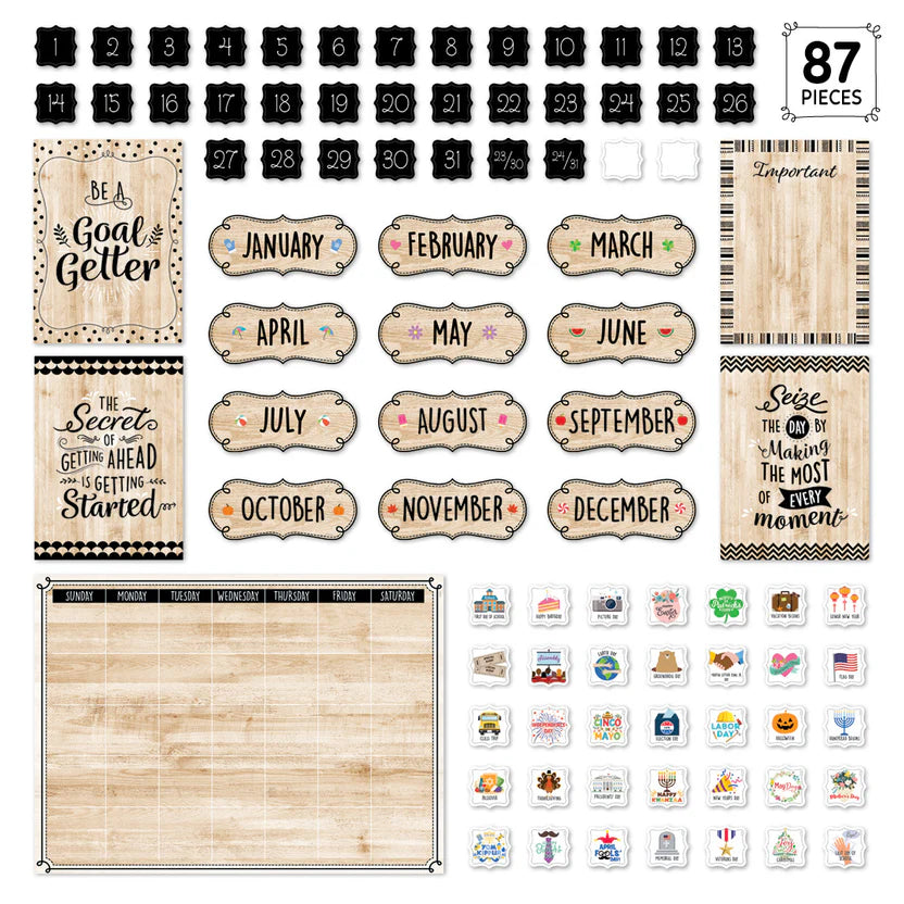 Black, White, and Wood Calendar Set Bulletin Board