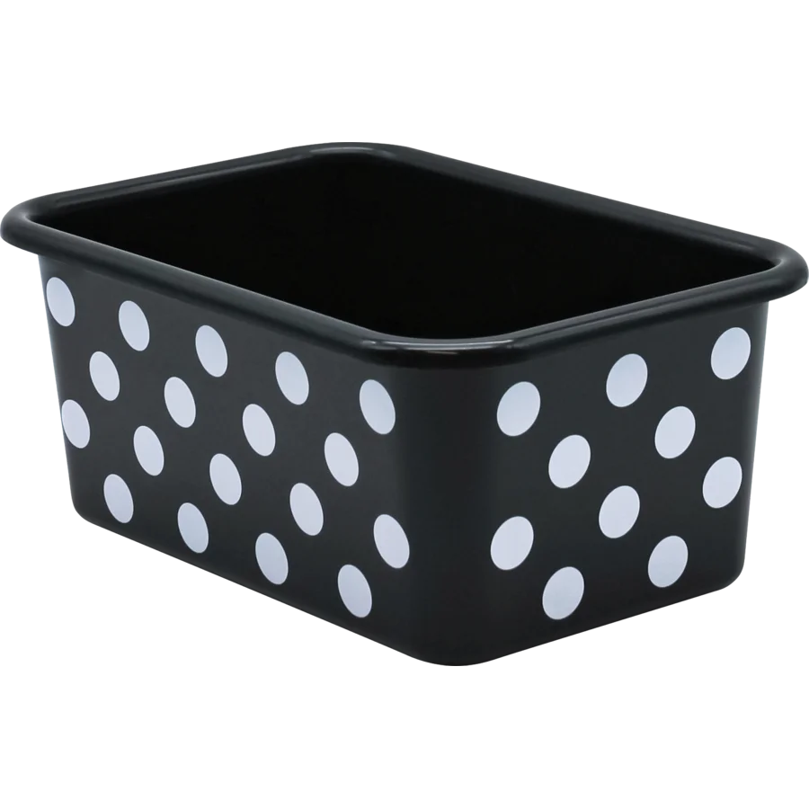 Small Plastic Storage Bin - White Polka Dots on Black