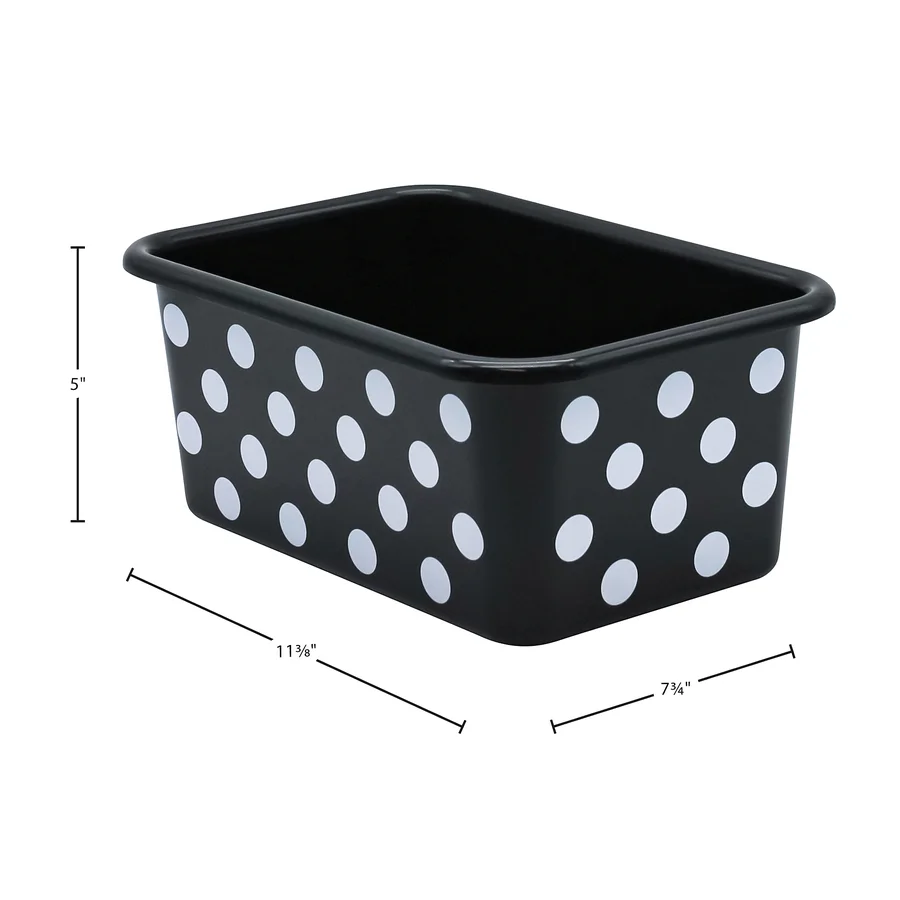 Small Plastic Storage Bin - White Polka Dots on Black