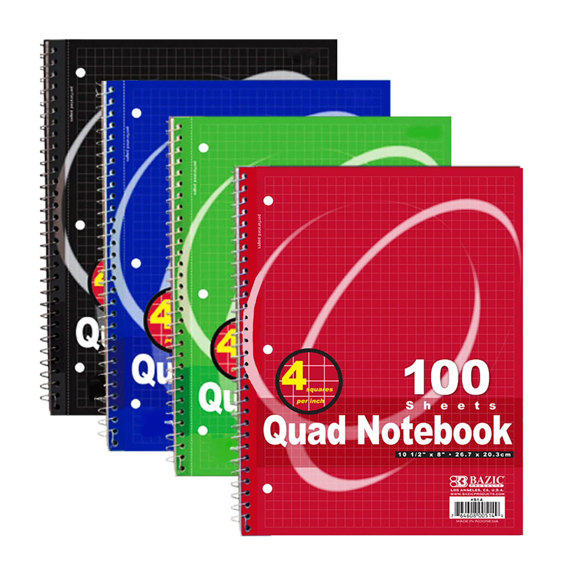 Quad-Ruled Spiral Notebook, 4 Grid - Assorted