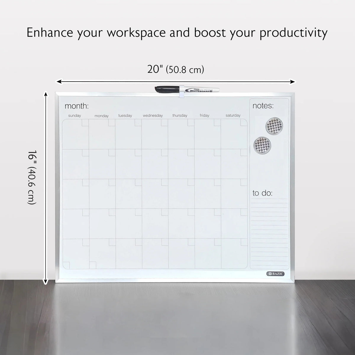 Aluminum Frame Magnetic Dry Erase Calendar Board, 16 x 20 in
