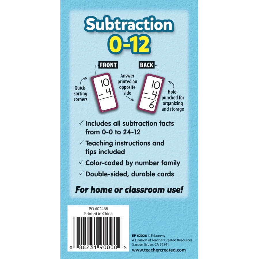 Subtraction Flash Cards - All Facts 0–12