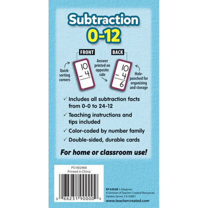 Subtraction Flash Cards - All Facts 0–12