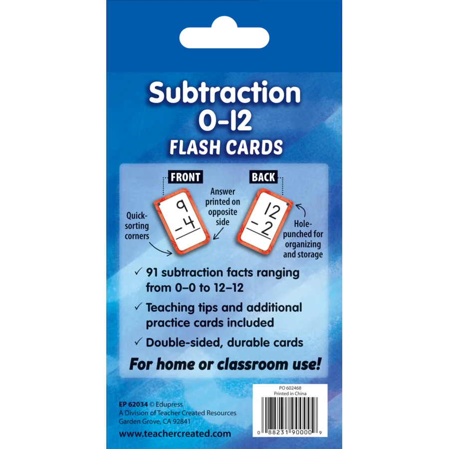 Subtraction 0-12 Flash Cards