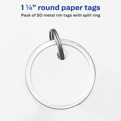 Avery® Metal Rim Key Tags, 1-1/4" Diameter Tag, Metal Split Ring, White, 50 Tags