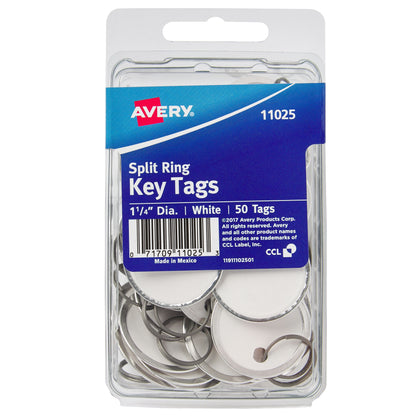 Avery® Metal Rim Key Tags, 1-1/4" Diameter Tag, Metal Split Ring, White, 50 Tags