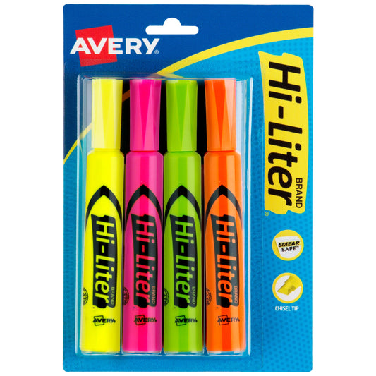 Avery(R) Hi-Liter(R) Desk-Style Highlighters, SmearSafe(R), Chisel Tip, 4 Assorted Color