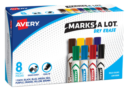 Avery(R) Marks A Lot(R) Desk-Style Dry Erase Markers, Chisel Tip, Assorted Colors, 8 Markers