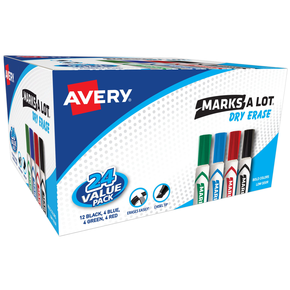 Avery(R) Marks A Lot(R) Desk-Style Dry Erase Markers, Chisel Tip, Assorted, 24 Pack
