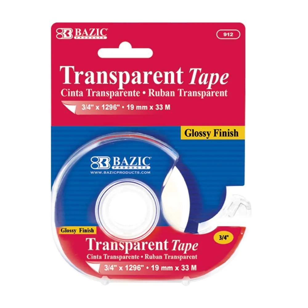 Transparent Tape with Dispenser, 3/4 in x 1296 in