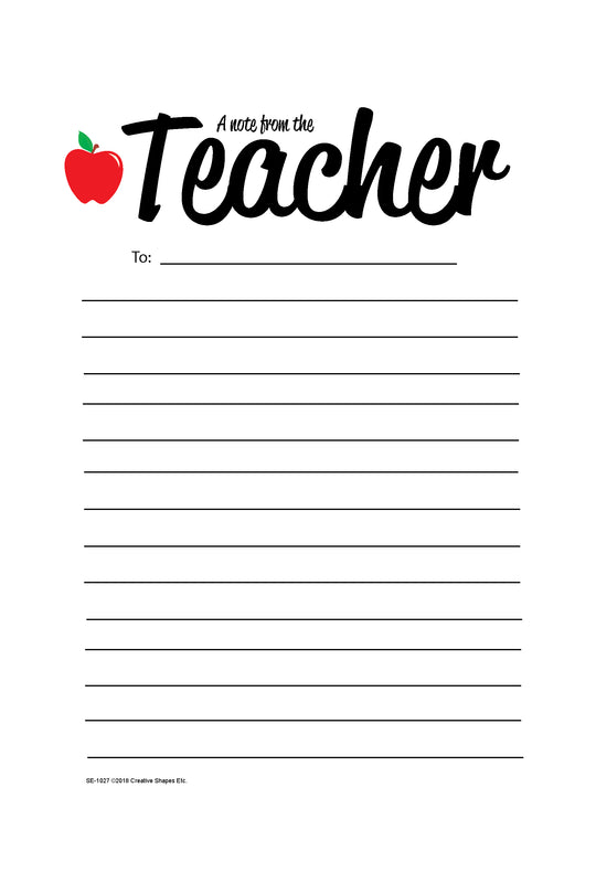 Note From Teacher - Notes to Parents- 5" x 7"