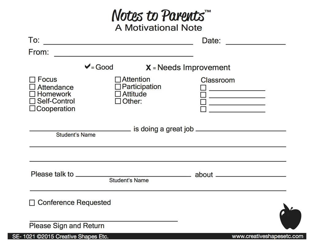 Motivational - Notes to Parents- 4.25" x 5.5"