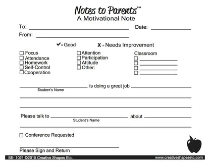 Motivational - Notes to Parents- 4.25" x 5.5"