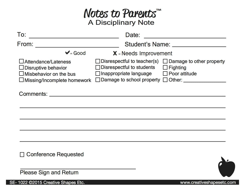 Disciplinary - Notes to Parents- 4.25" x 5.5"