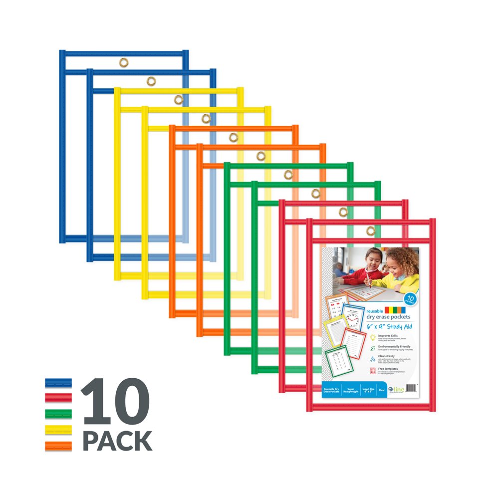 6" x 9" Assorted Primary Colors Vinyl Reusable Dry Erase Pockets, 10/PK