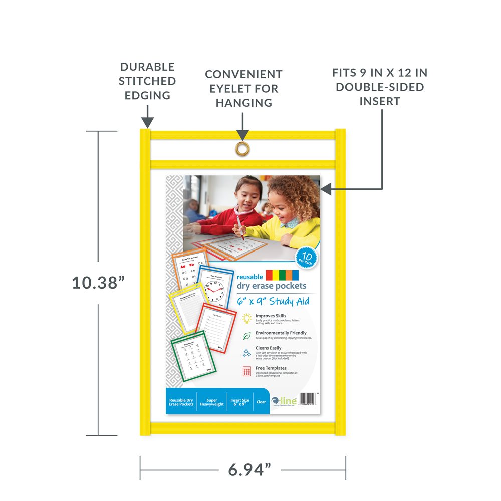 6" x 9" Assorted Primary Colors Vinyl Reusable Dry Erase Pockets, 10/PK