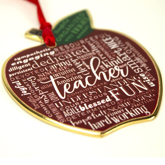 Teacher Apple Artmetal Ornament On Red Ribbon